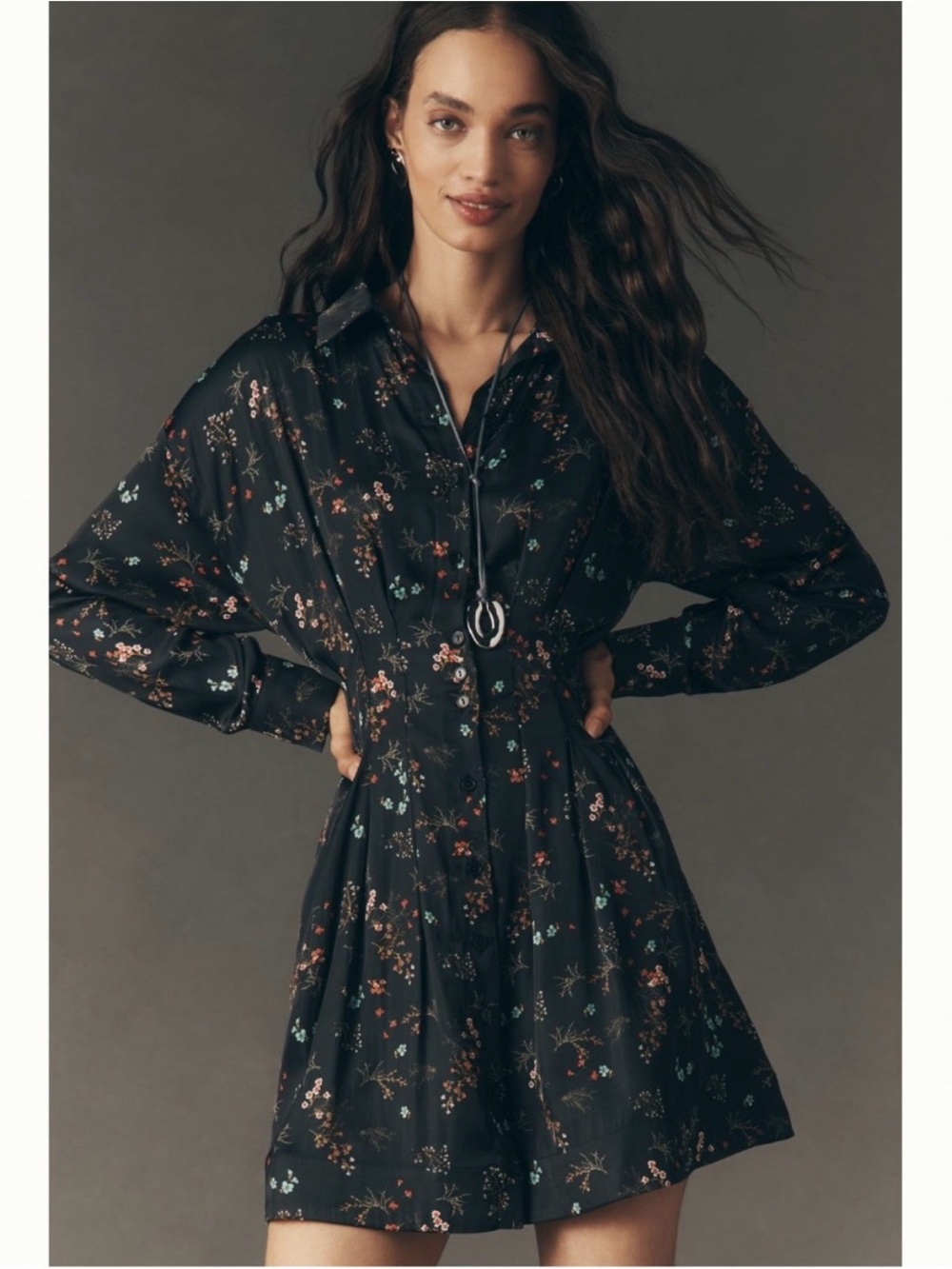 Anthropologie Tobie Long-Sleeve Floral Satin Mini
Shirt Dress by Exquise